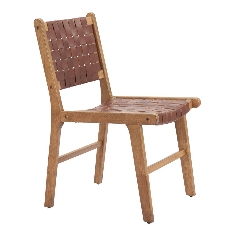 Set of Two 23" Brown Wood and Leather Strap Dining Chairs
