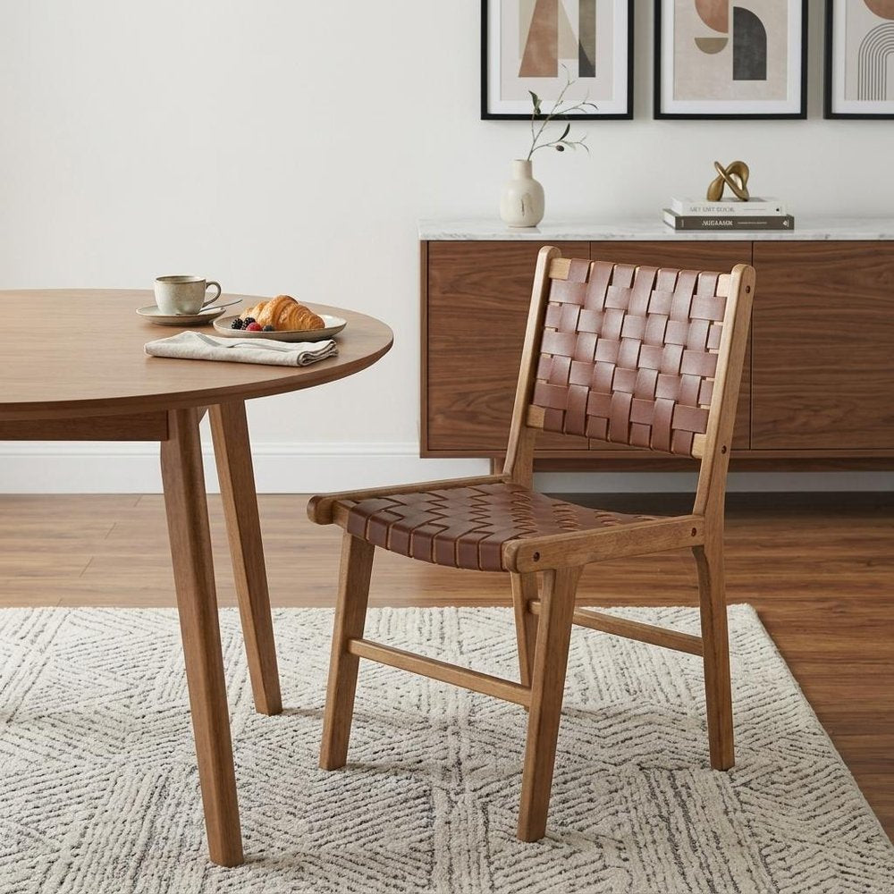 Set of Two 23" Brown Wood and Leather Strap Dining Chairs