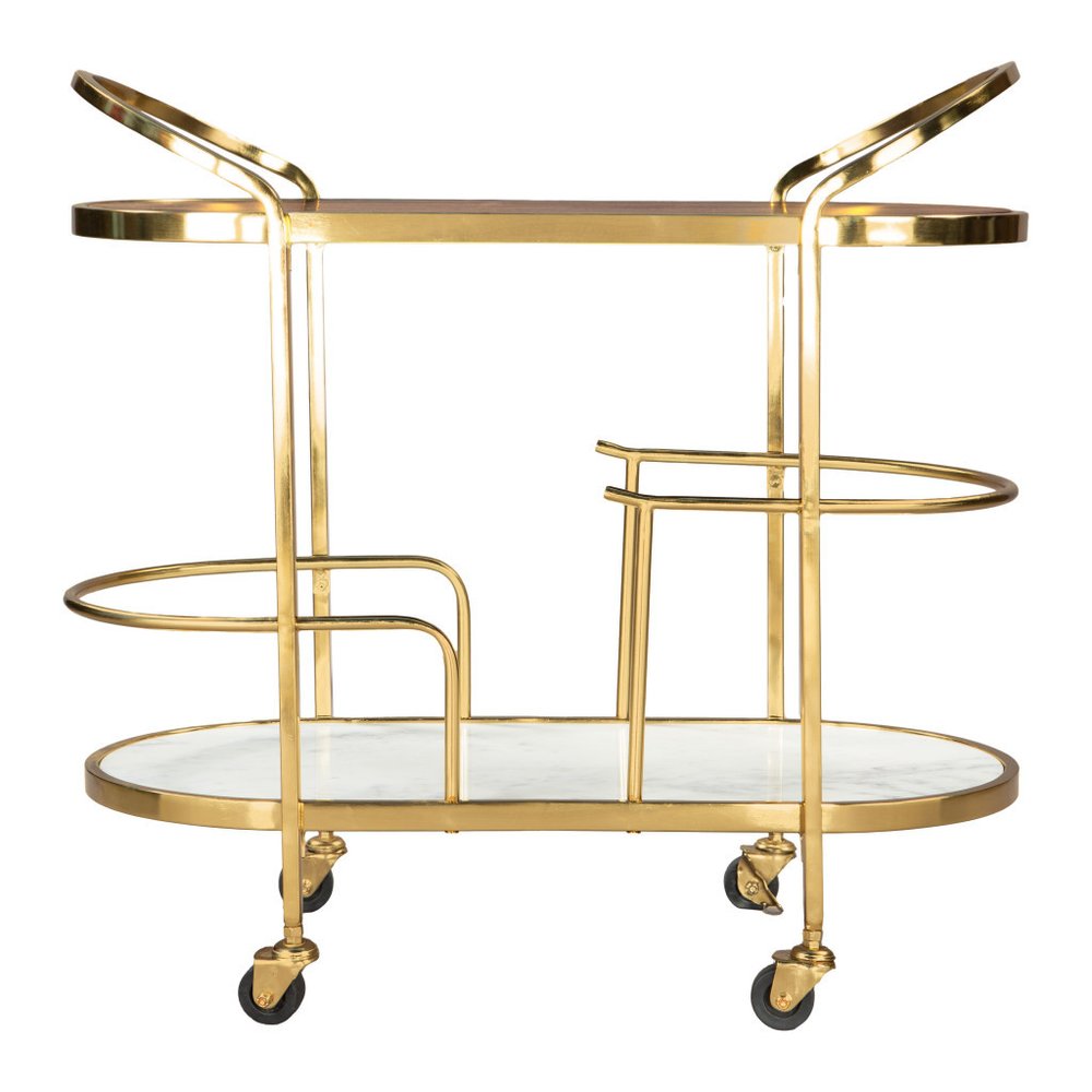 32" Brown, Gold, and White Metal, Wood , and Marble Bar Cart