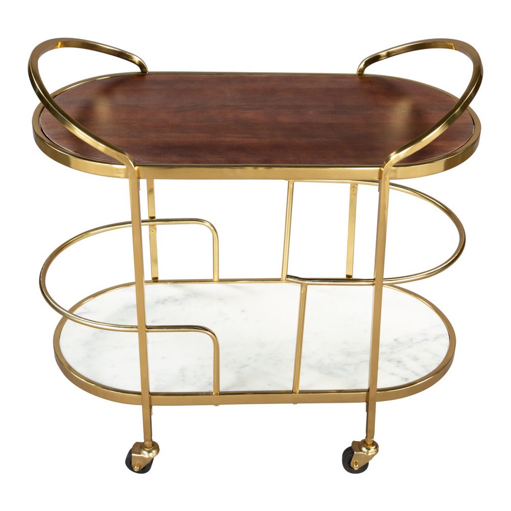 32" Brown, Gold, and White Metal, Wood , and Marble Bar Cart