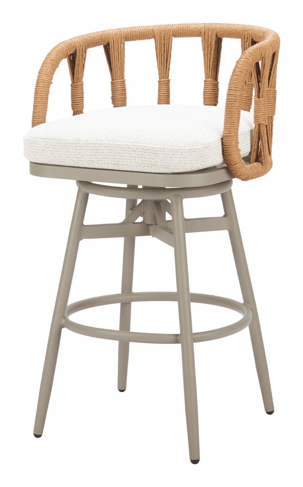 38" Gray and Brown Faux Rattan Outdoor Swivel Bar Chair