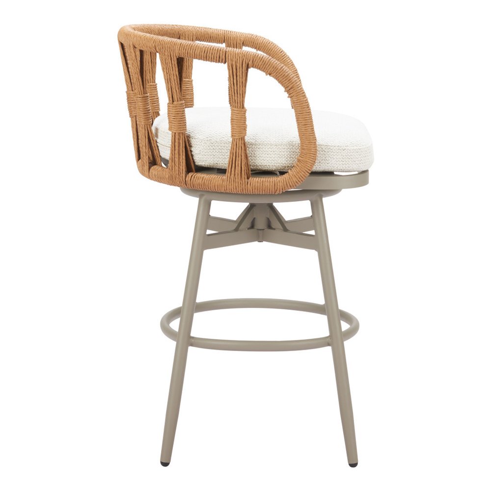 38" Gray and Brown Faux Rattan Outdoor Swivel Bar Chair