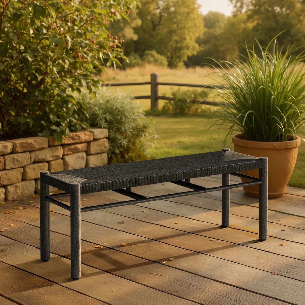 48" Black Metal And Faux Rattan Garden Patio Bench