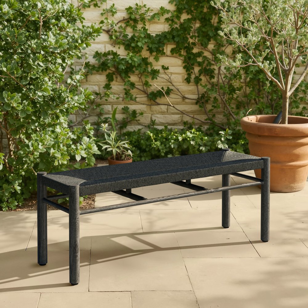 48" Black Metal And Faux Rattan Garden Patio Bench