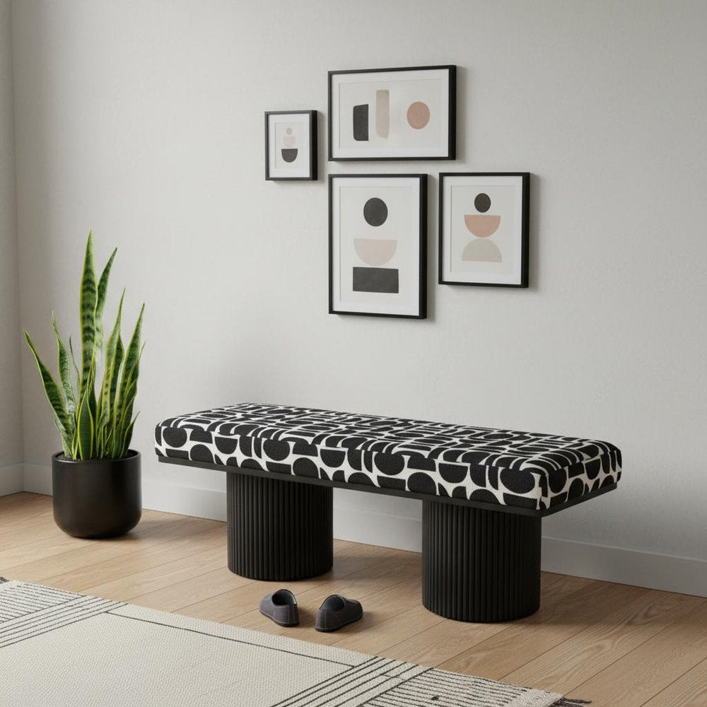 49" White and Black Abstract Pedestal Bench