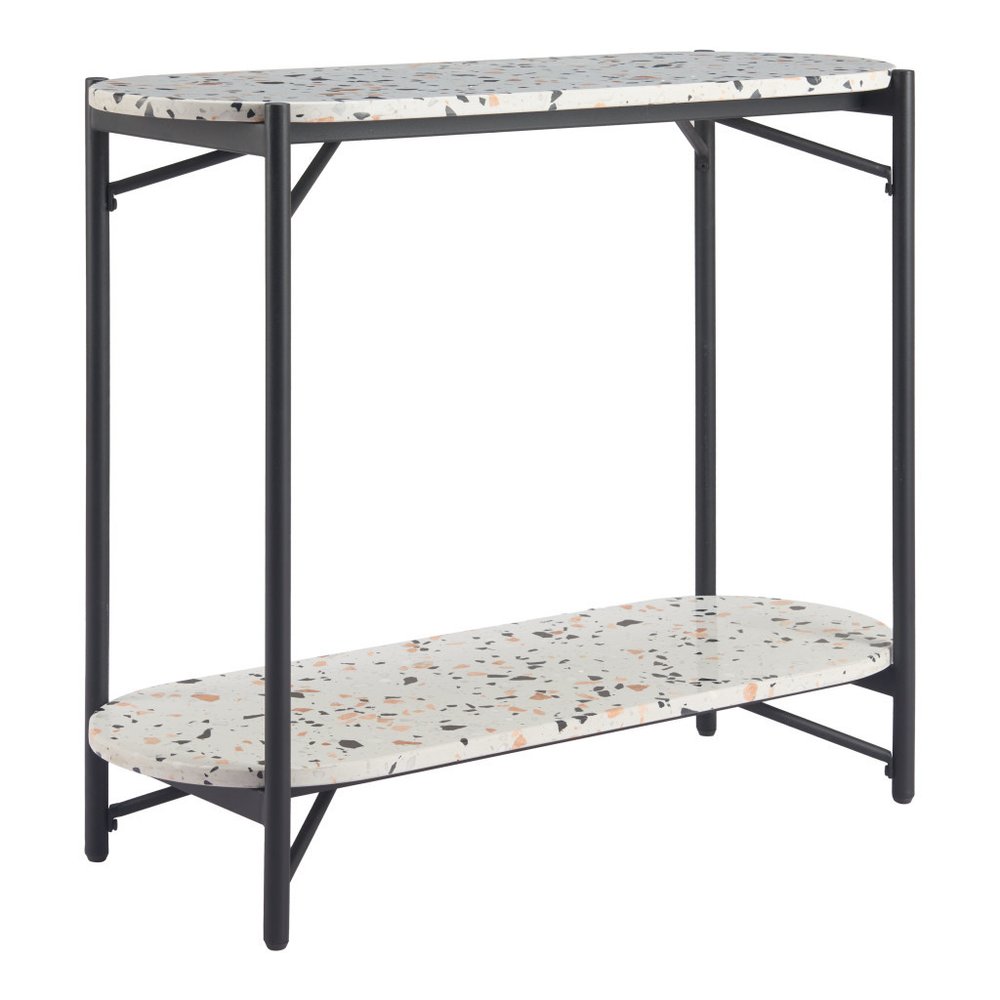 36" White and Black Faux Terrazzo Oval Console Table