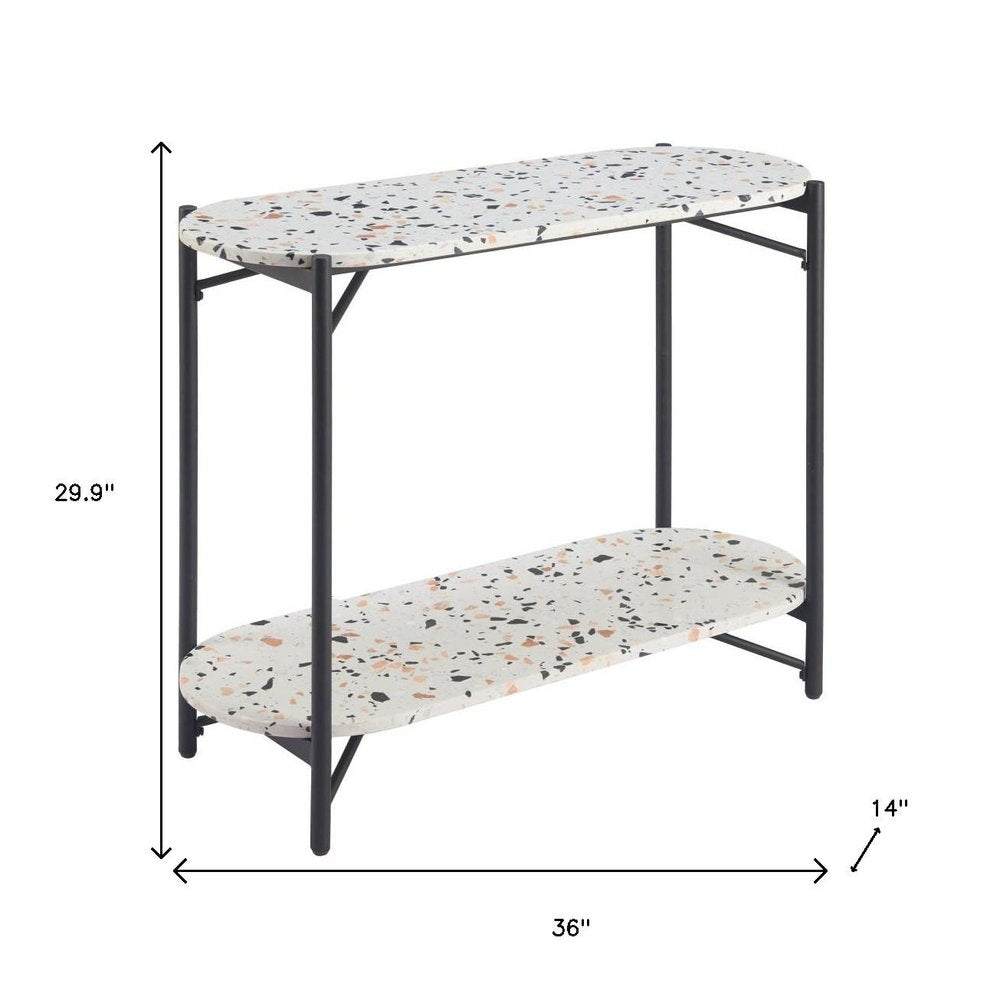 36" White and Black Faux Terrazzo Oval Console Table