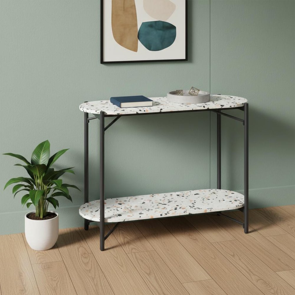 36" White and Black Faux Terrazzo Oval Console Table