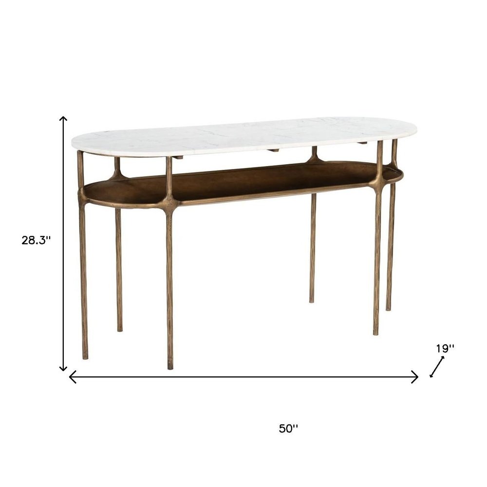 50" White and Brass Marble Oval Platform Console Table