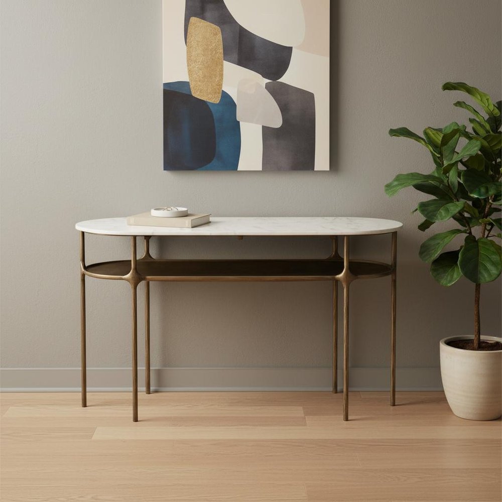 50" White and Brass Marble Oval Platform Console Table