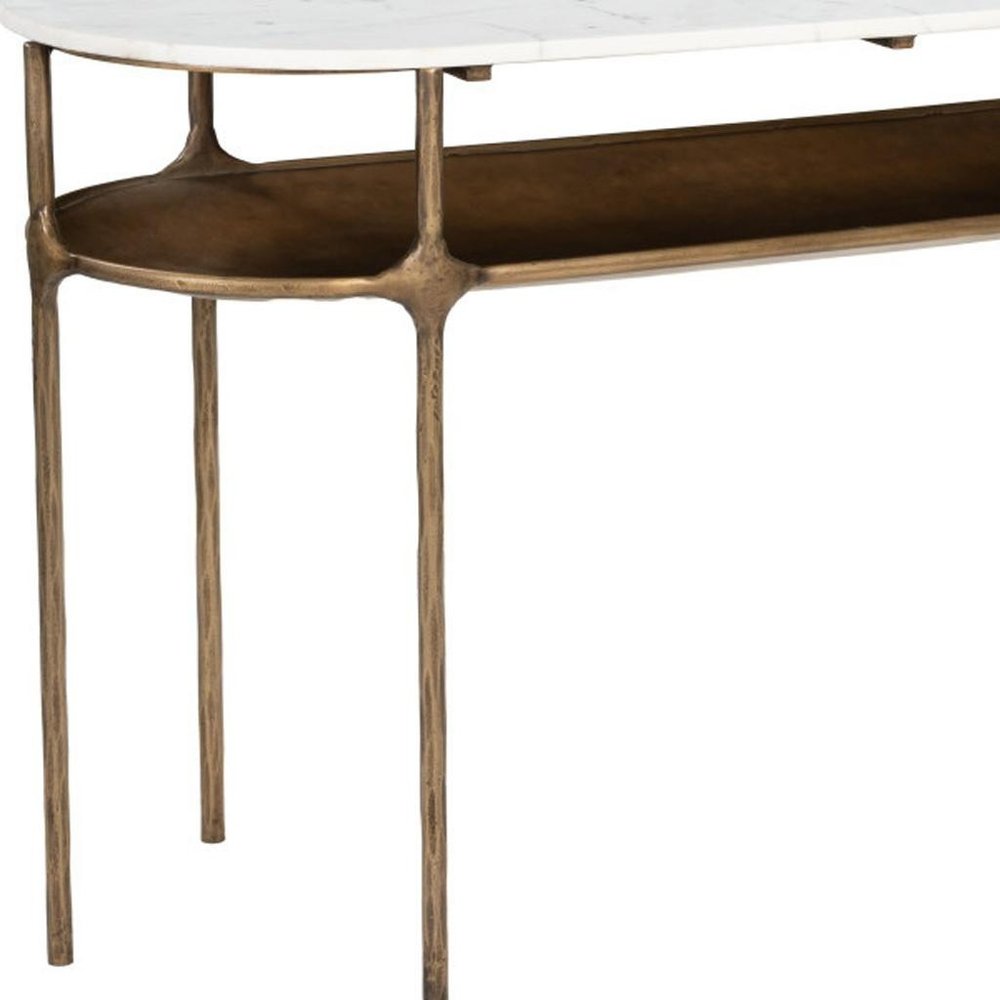 50" White and Brass Marble Oval Platform Console Table