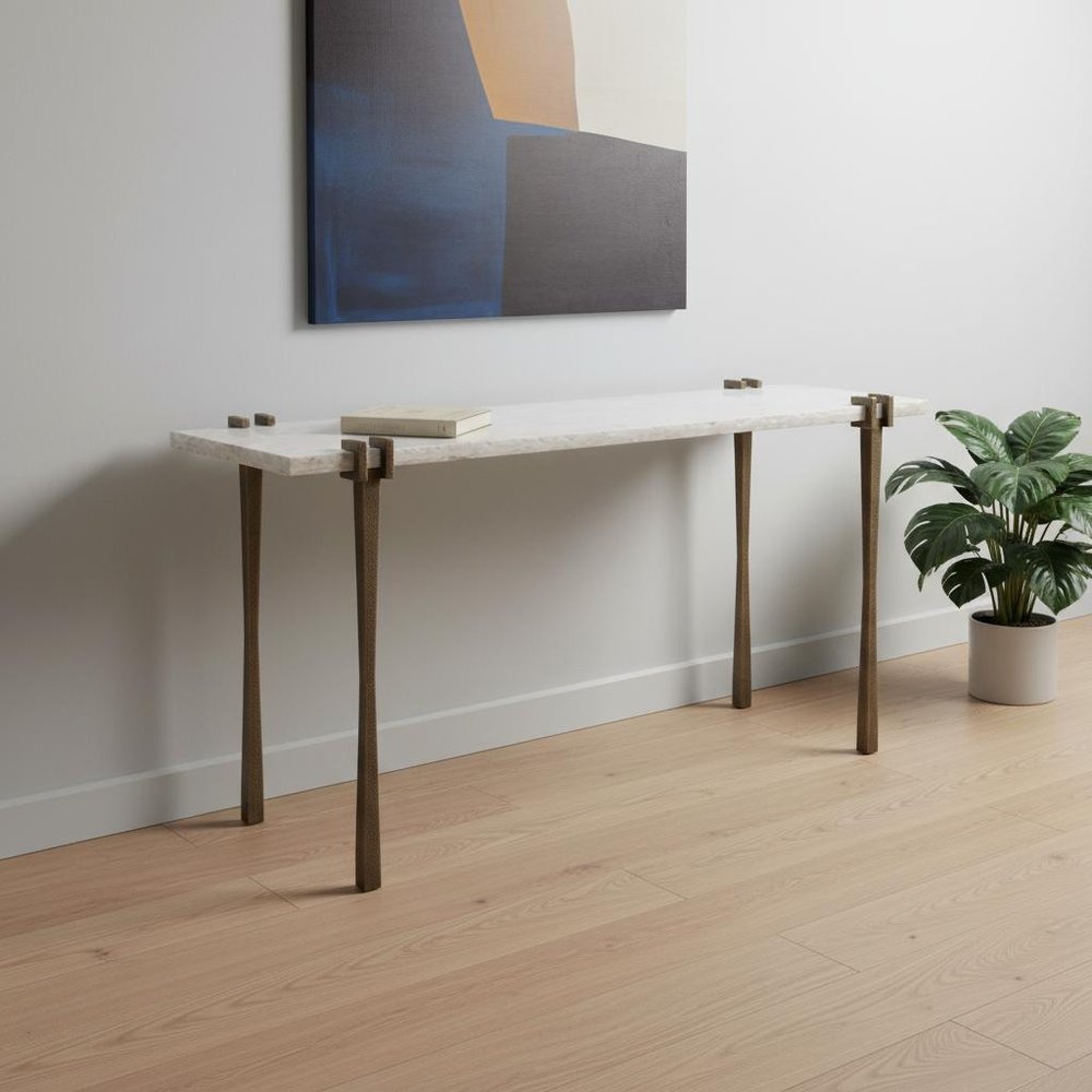55" White and Bronze Marble Console Table