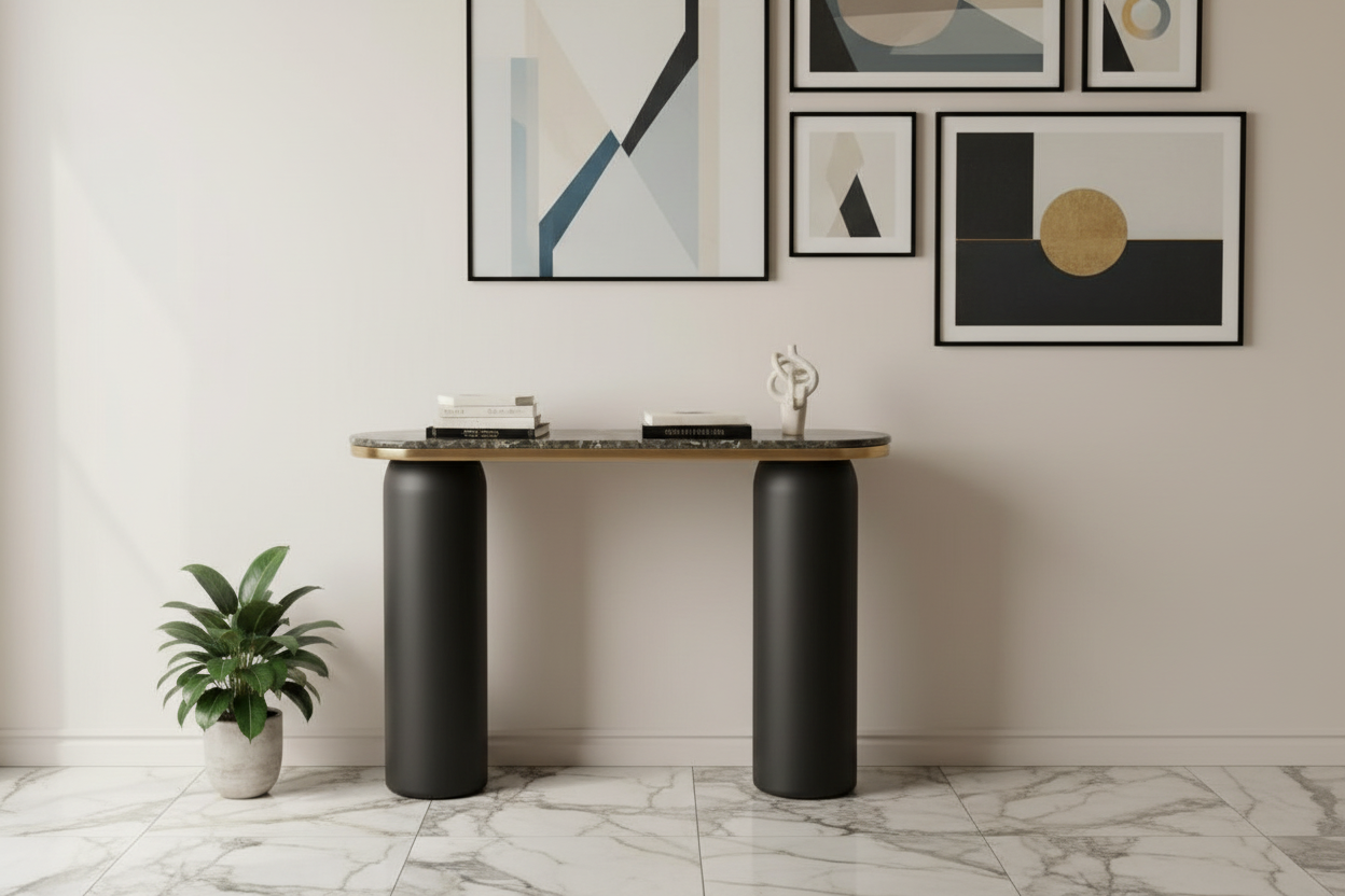 42" Black and Gold Marble Double Pedestal Console Table