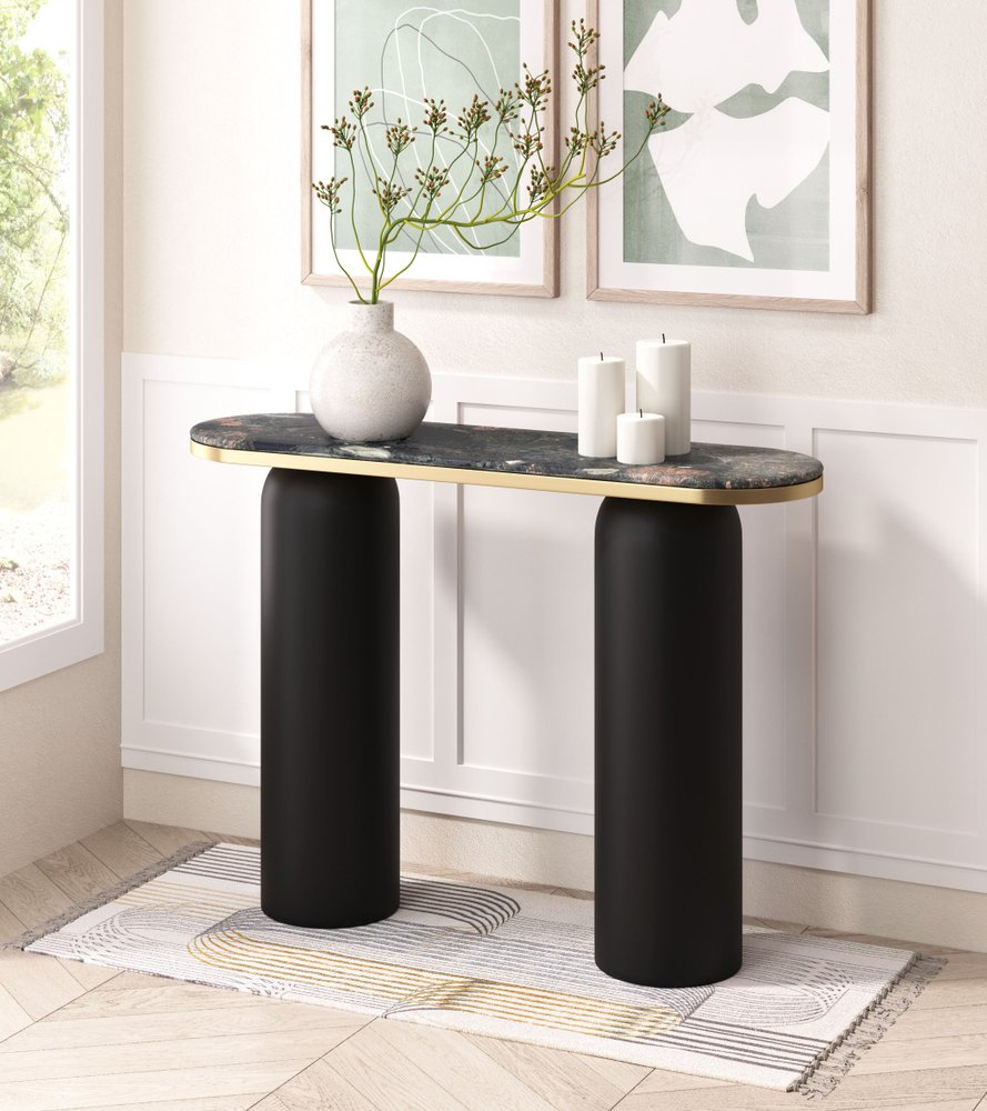 42" Black and Gold Marble Double Pedestal Console Table