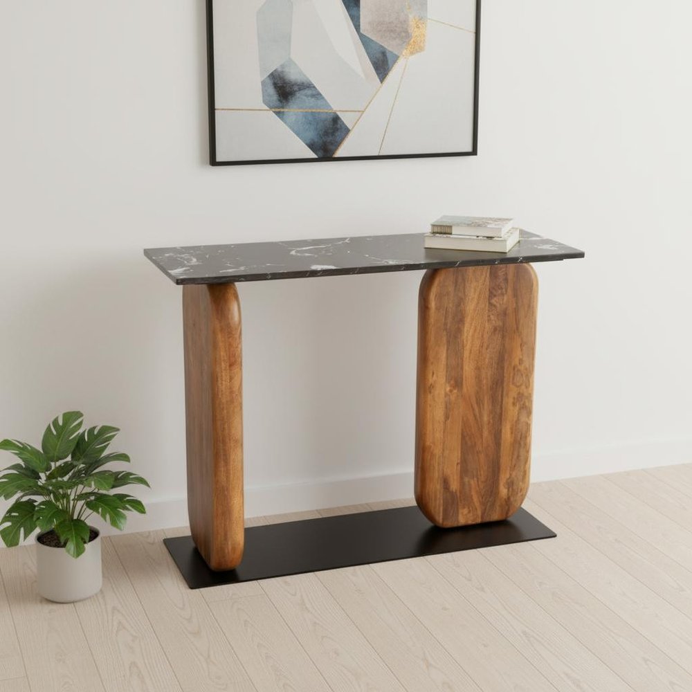 43" Black and Brown Marble and Wood Pedestal Console Table