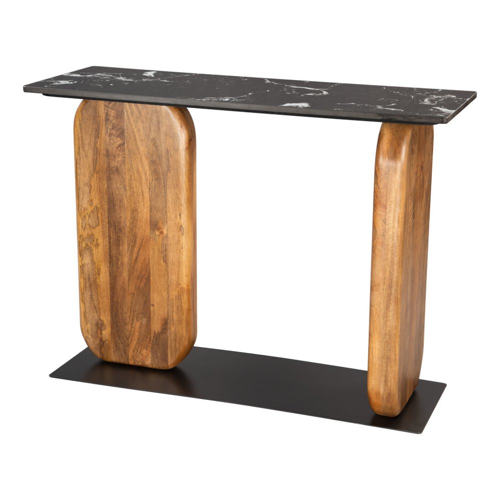 43" Black and Brown Marble and Wood Pedestal Console Table