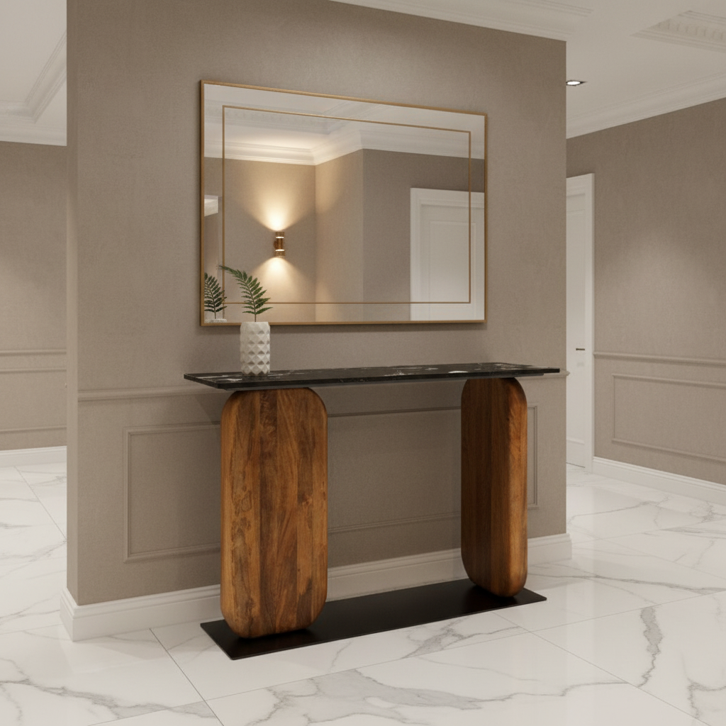 43" Black and Brown Marble and Wood Pedestal Console Table