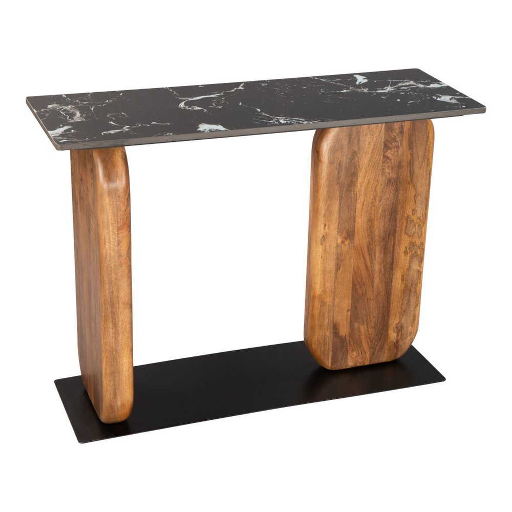 43" Black and Brown Marble and Wood Pedestal Console Table