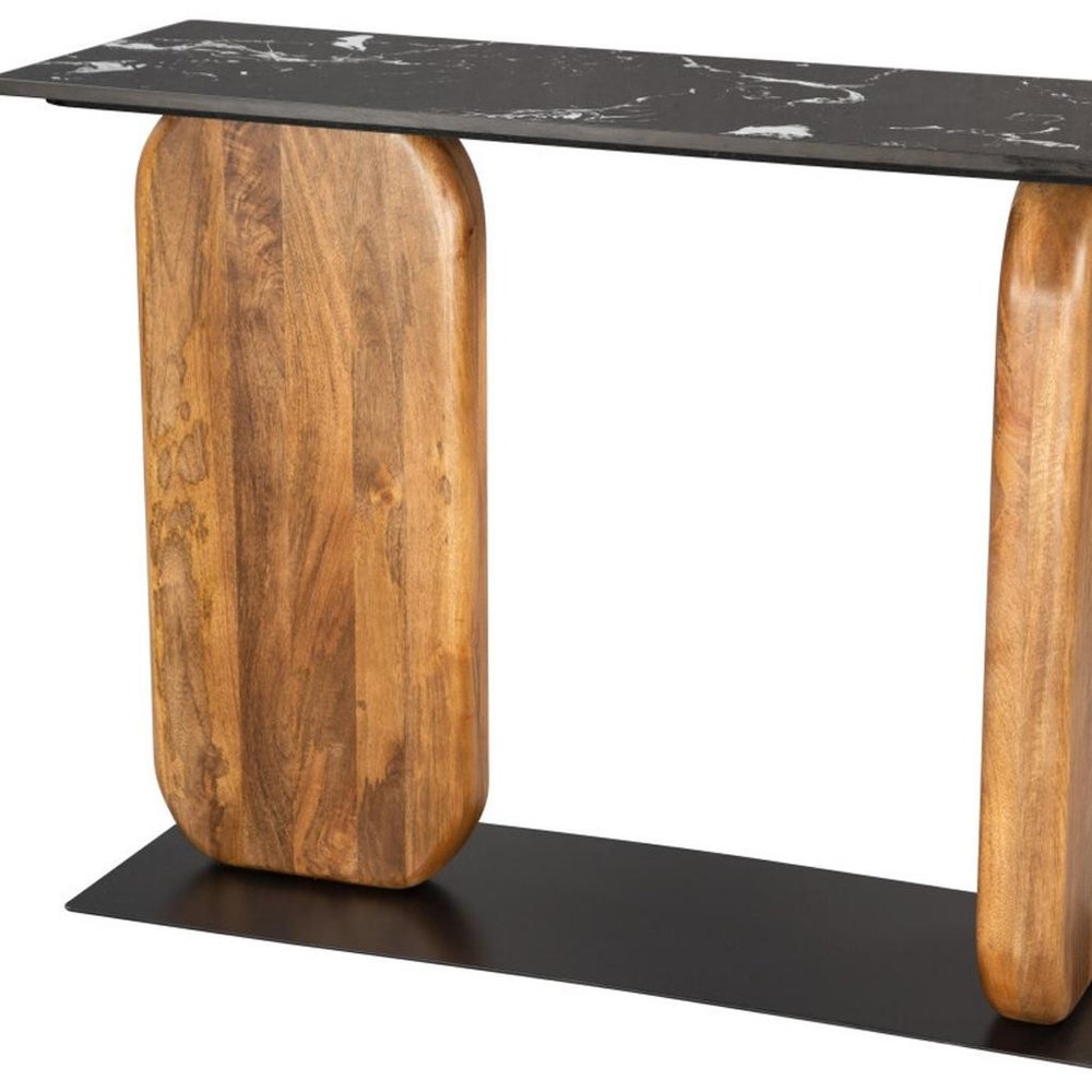 43" Black and Brown Marble and Wood Pedestal Console Table