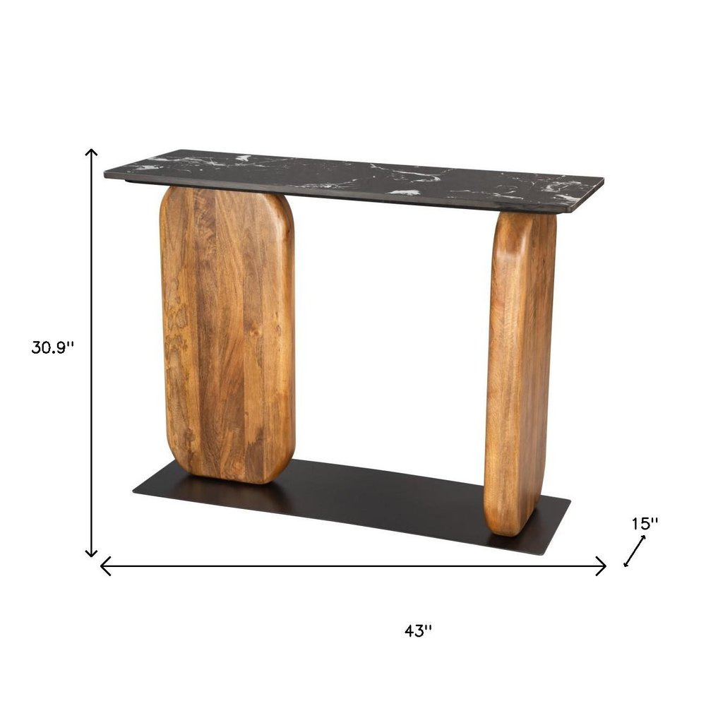 43" Black and Brown Marble and Wood Pedestal Console Table