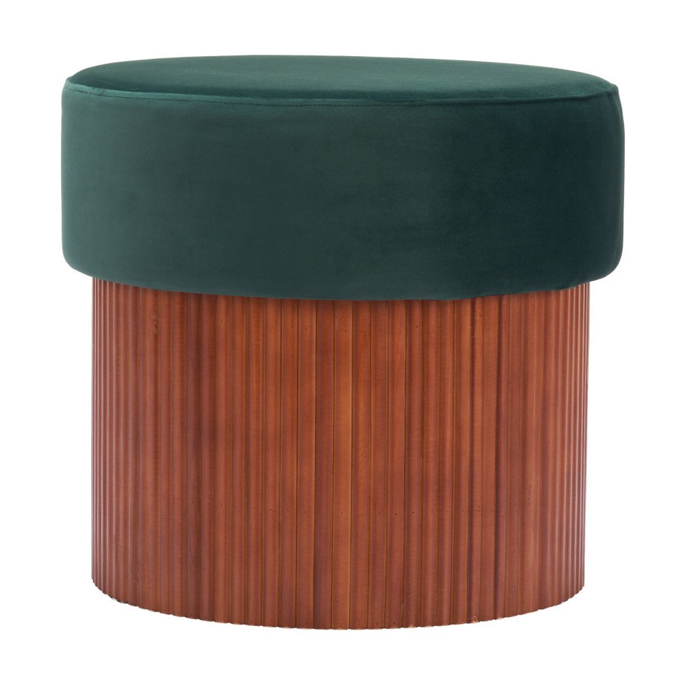 20" Green and Brown Round Wood Ottoman