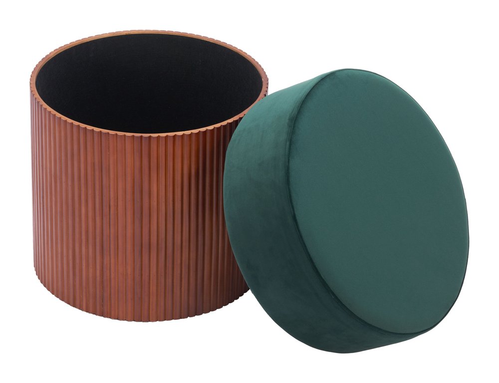 20" Green and Brown Round Wood Ottoman