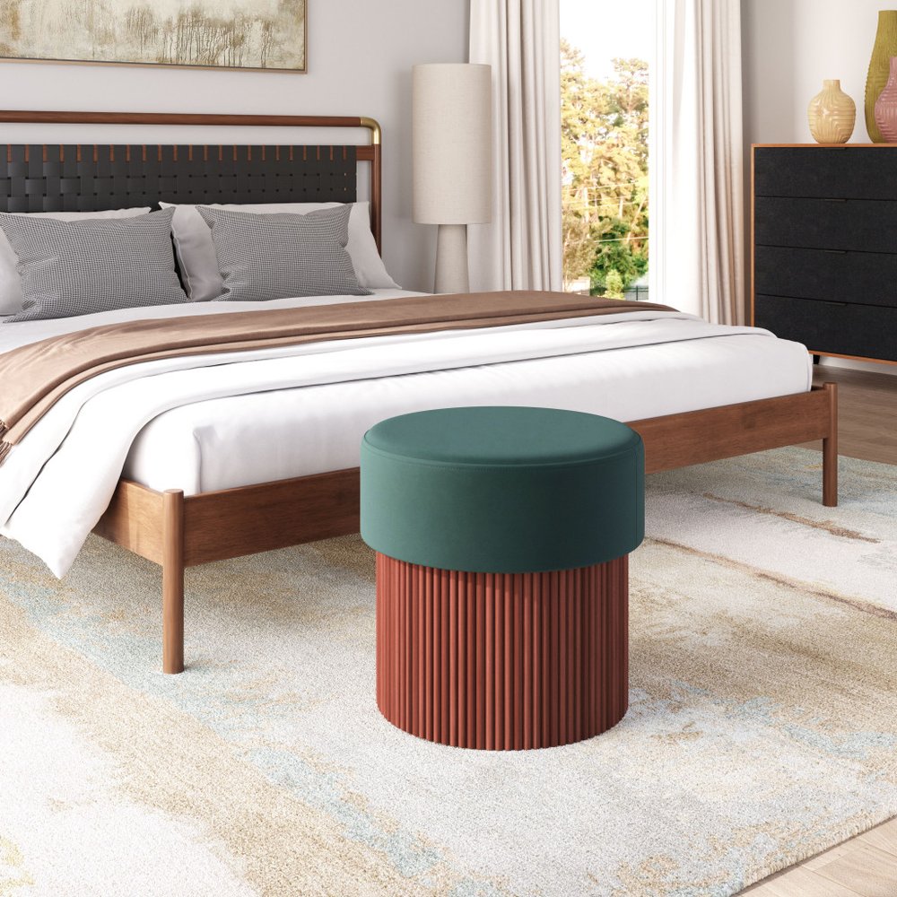 20" Green and Brown Round Wood Ottoman