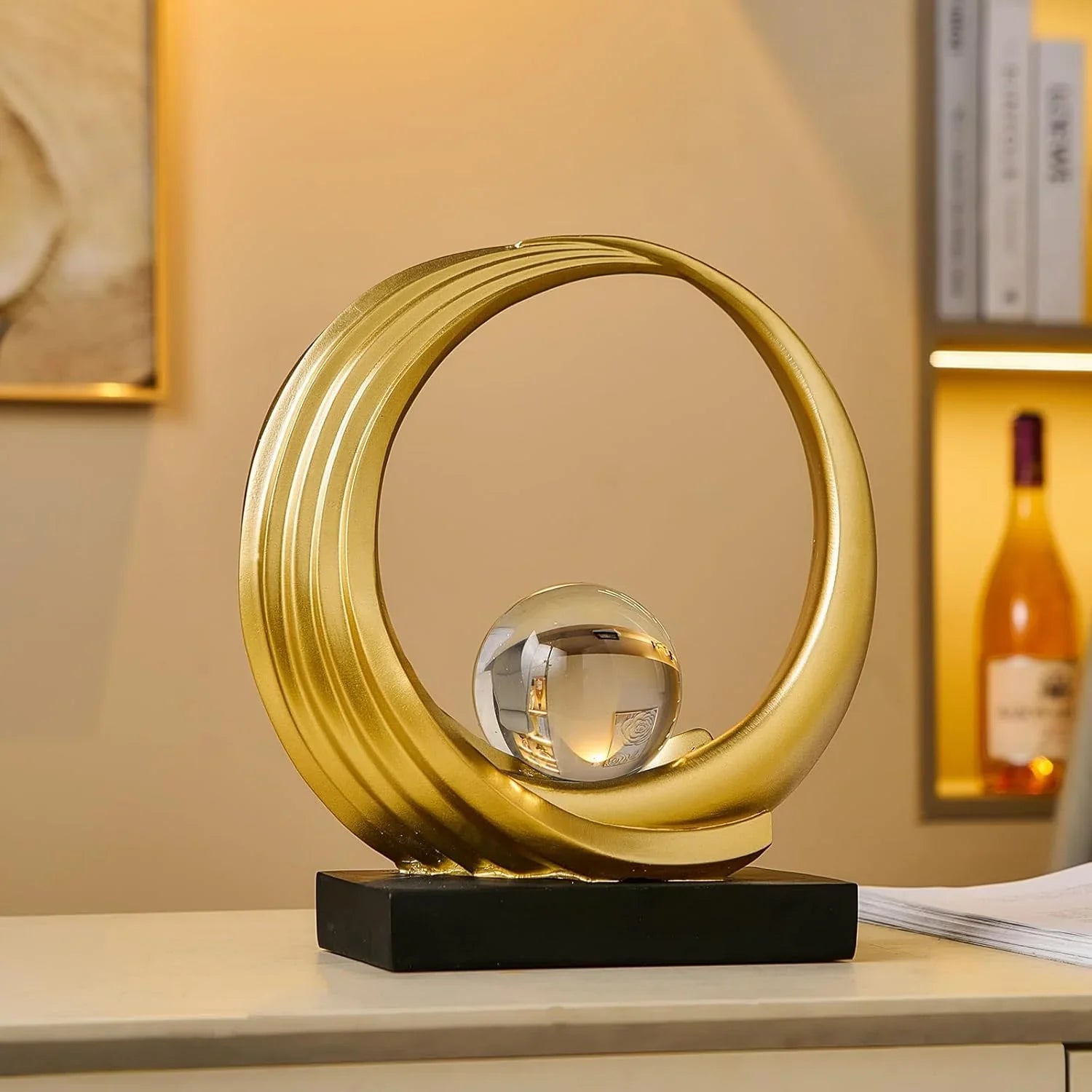 10" Gold Ring and Crystal Ball Sculpture
