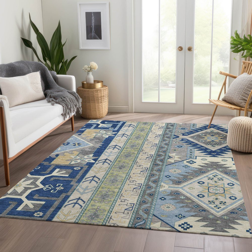 10' X 14' Navy Blue, Beige and Gray Patch Southwestern Area Rug
