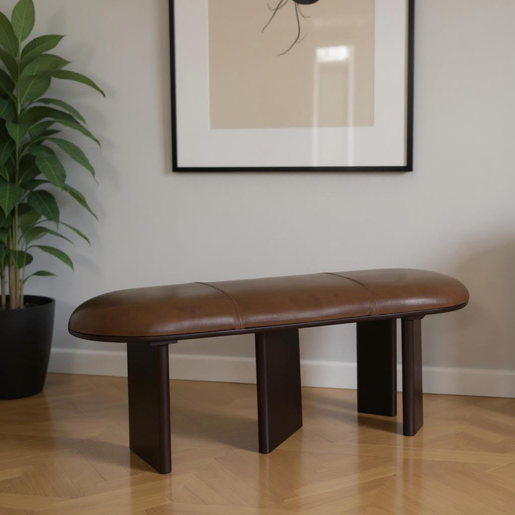 48" Brown Leather Oval Bench