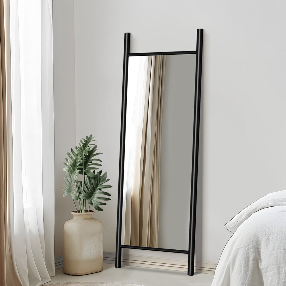 64" Black Wood Ladder Mirror