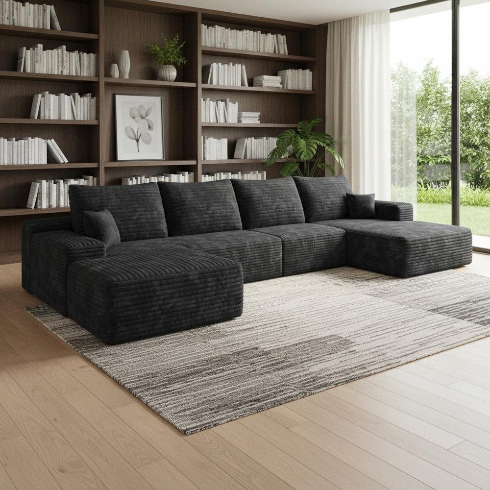 135" Corduroy Compression Foam U-Shape Sectional with Pillows