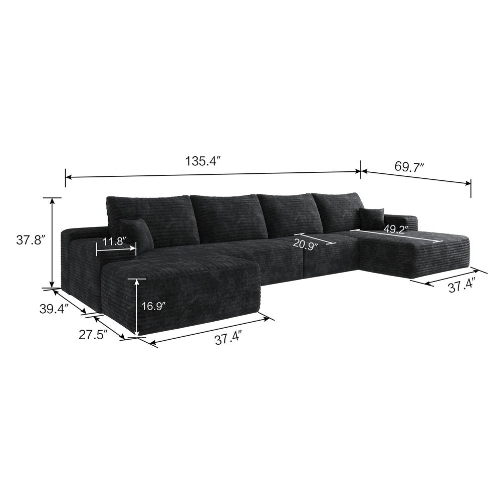 135" Corduroy Compression Foam U-Shape Sectional with Pillows