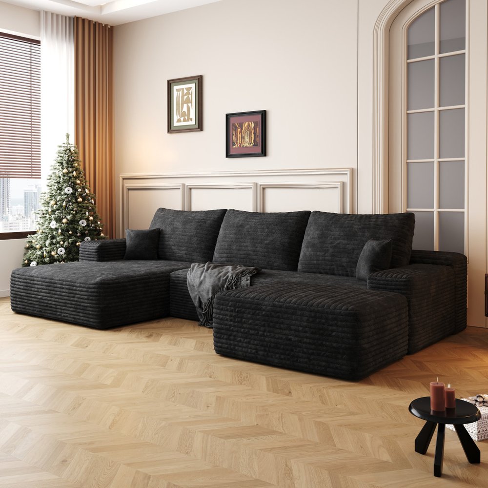 107" Corduroy Compression Foam U-Shape Sectional with Pillows