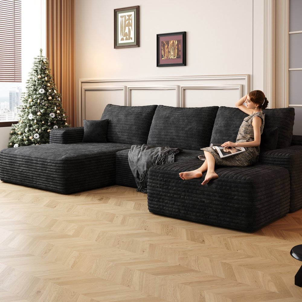 107" Corduroy Compression Foam U-Shape Sectional with Pillows