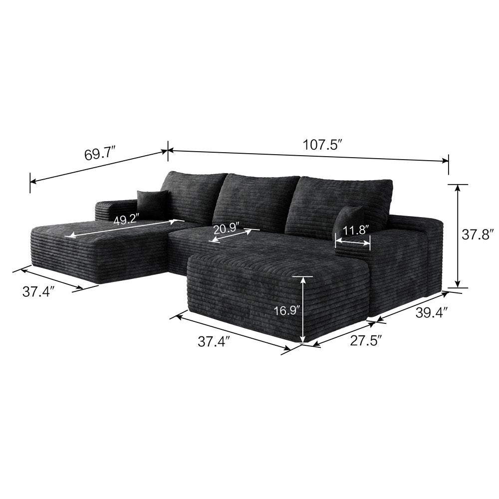107" Corduroy Compression Foam U-Shape Sectional with Pillows