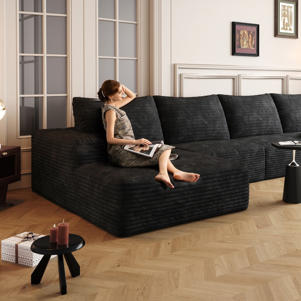 LAF/RAF 135" Corduroy Compression Foam L-Shape Sectional with Pillows