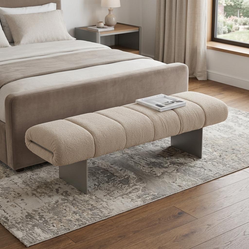 63" Beige Bouclé and Metal Tufted Oval Bench