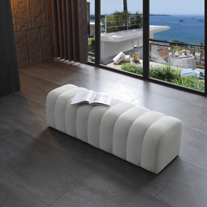 59" White Bouclé Channel Tufted Bench