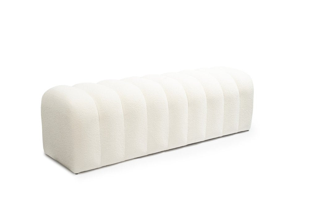 59" White Bouclé Channel Tufted Bench