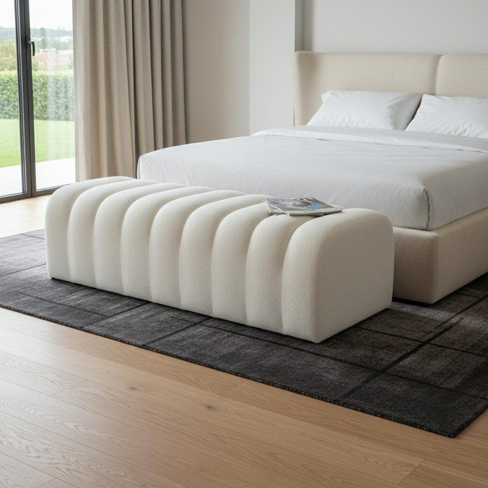 59" White Bouclé Channel Tufted Bench