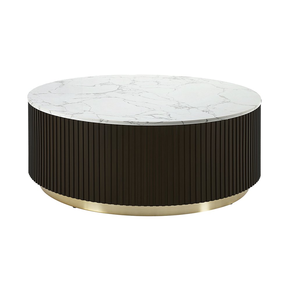 35" Black, Gold, and White Metal and Faux Marble Drum Table