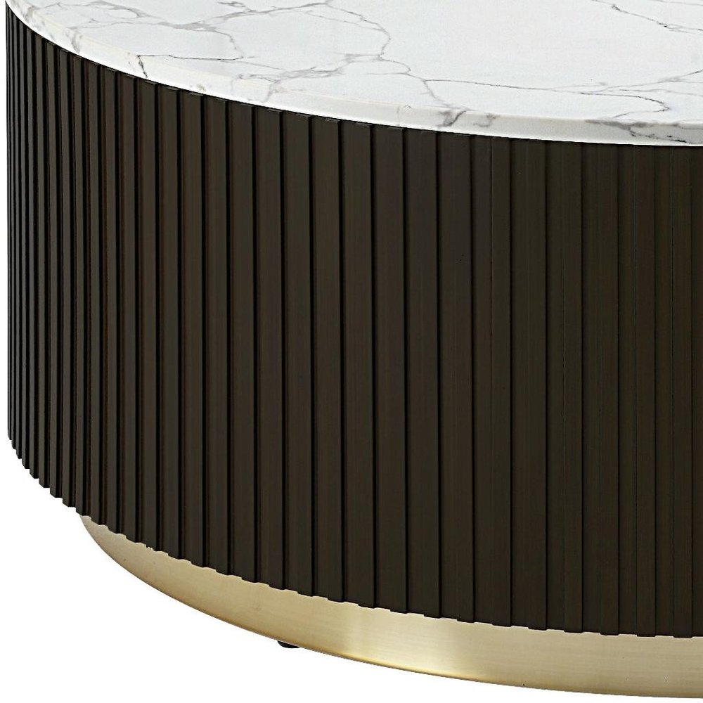 35" Black, Gold, and White Metal and Faux Marble Drum Table