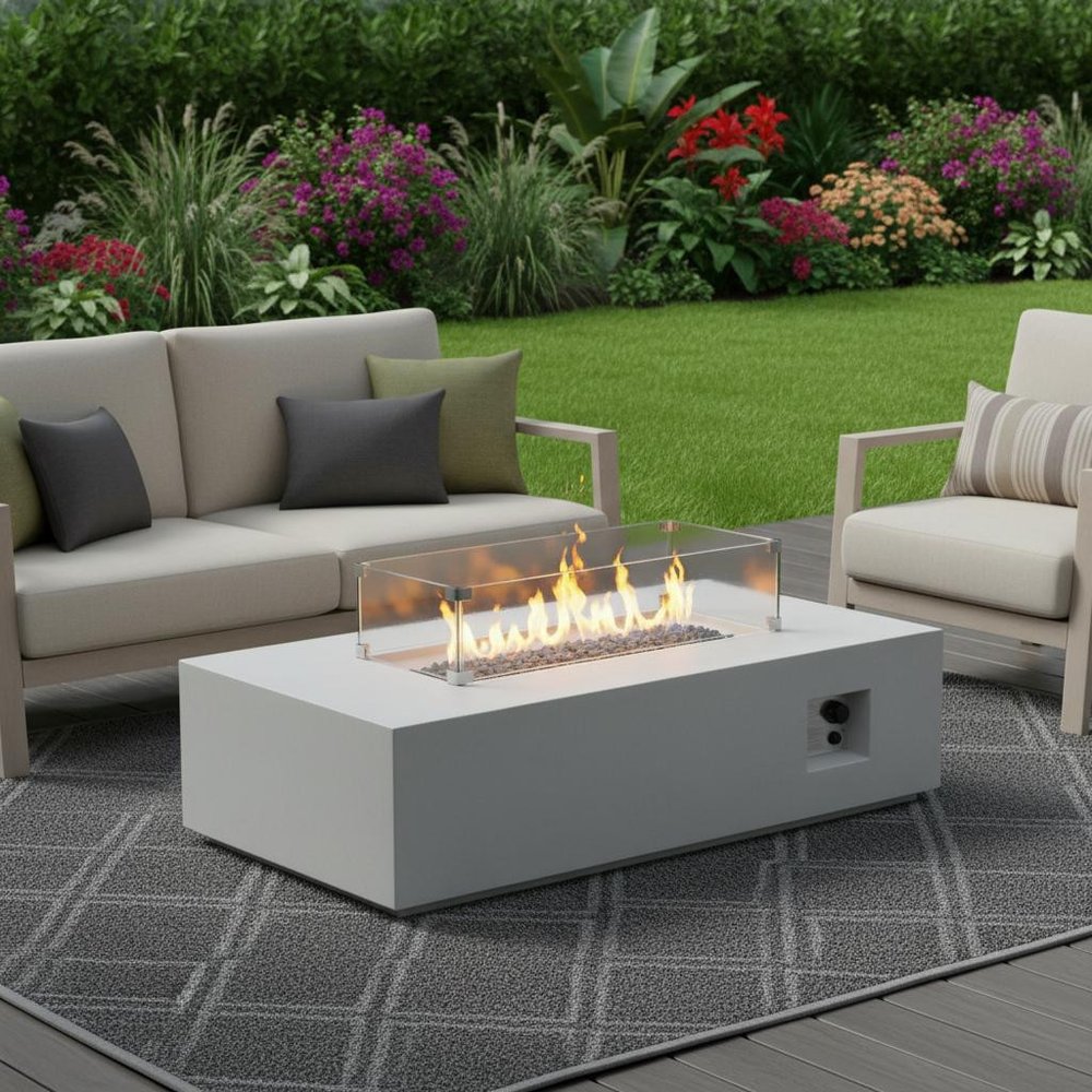 65,000 52" White Concrete Rectangle Propane Fire Pit