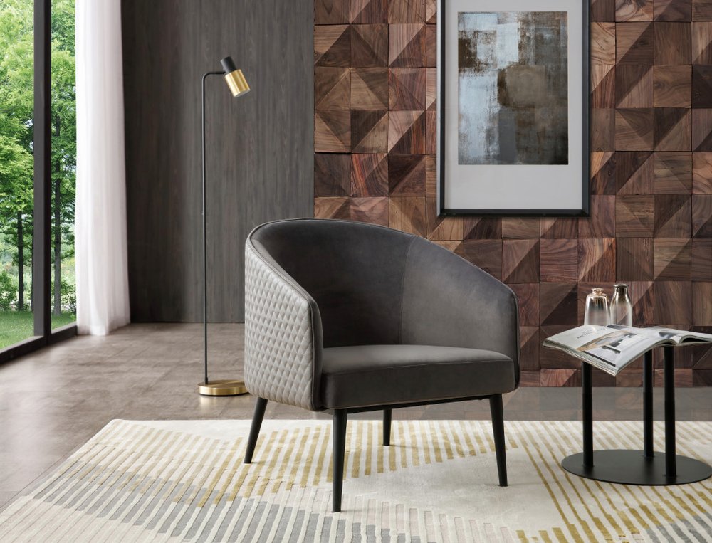 27" Gray Tufted Velvet and Faux Leather Barrel Chair