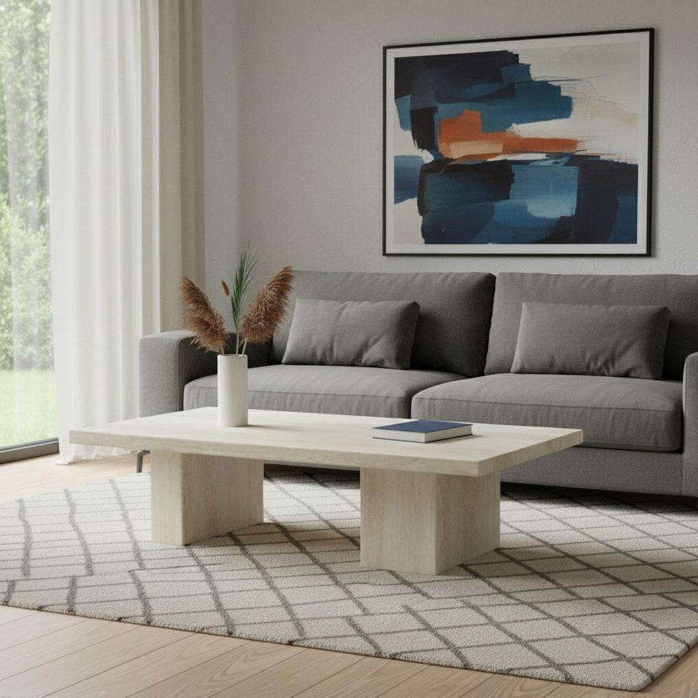 55" Beige Asymmetrical Pedestal Coffee Table