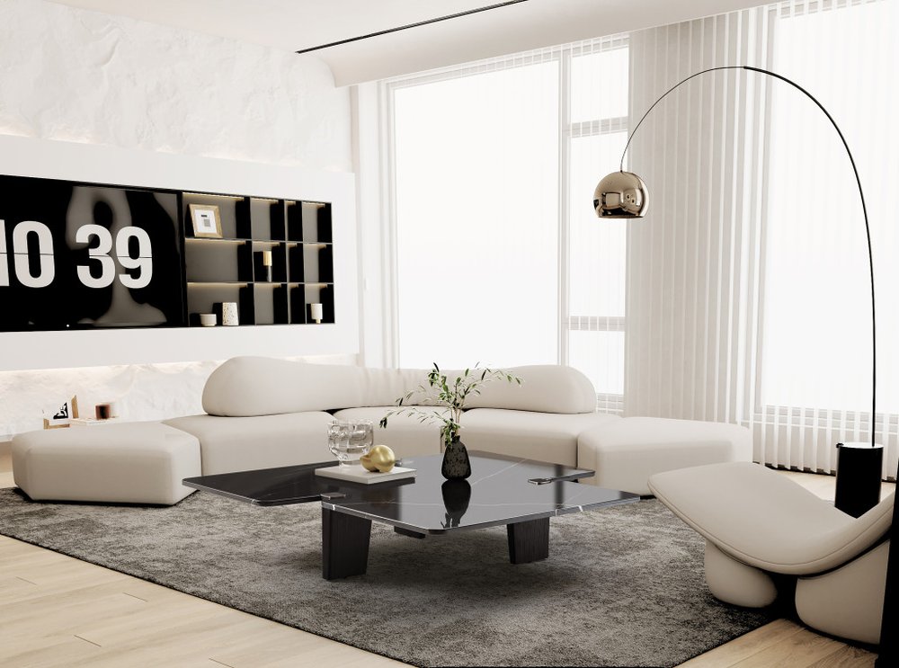 51" Black Marble and Wood Free Form Coffee Table