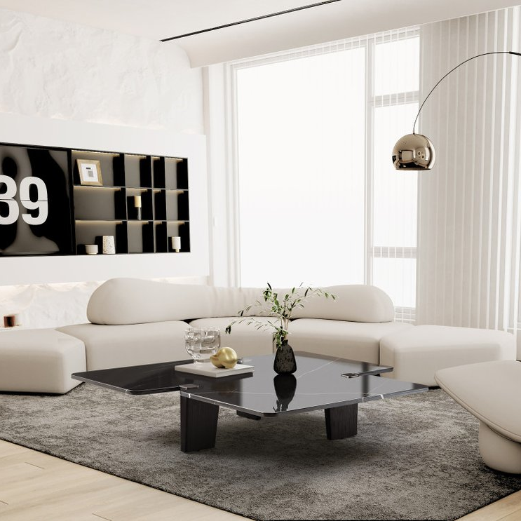 51" Black Marble and Wood Free Form Coffee Table