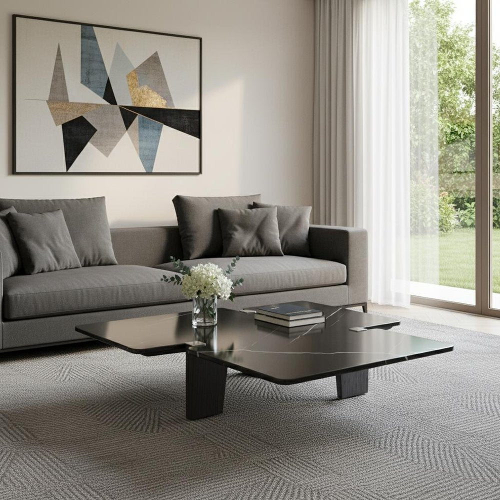 51" Black Marble and Wood Free Form Coffee Table