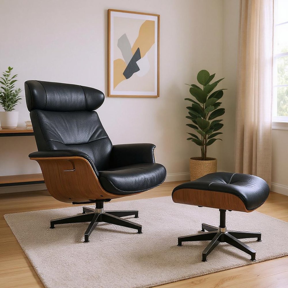 33" Black Top-Grain Leather Swivel Lounge Chair with Ottoman